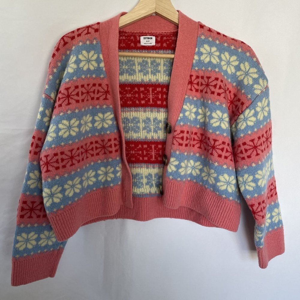 Cotton-On pink‎ blue white nordic style cardigan buttons snowflake warm small